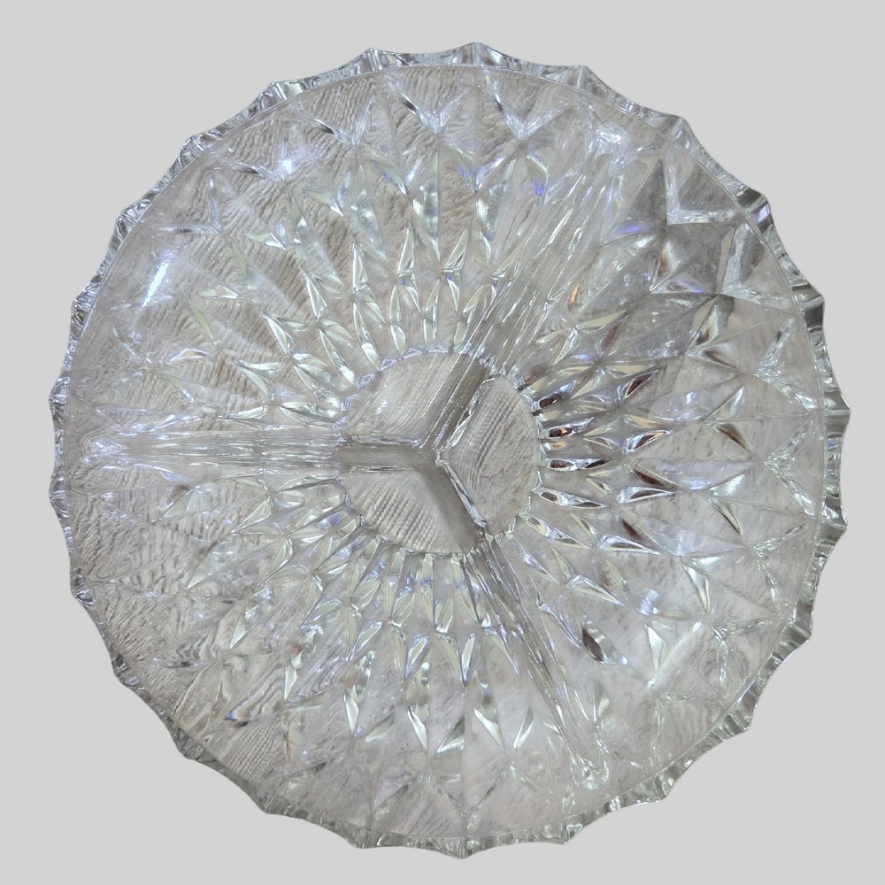 Vintage MCM Crystal Glass Divided Candy Dish Diamond Cut Style 8 Inch Round
